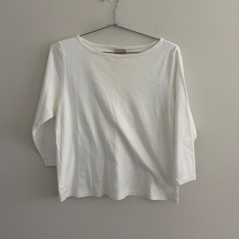 LL Bean Womens Large White 3/4 Sleeve Boatneck Tee Shirt 0XY56